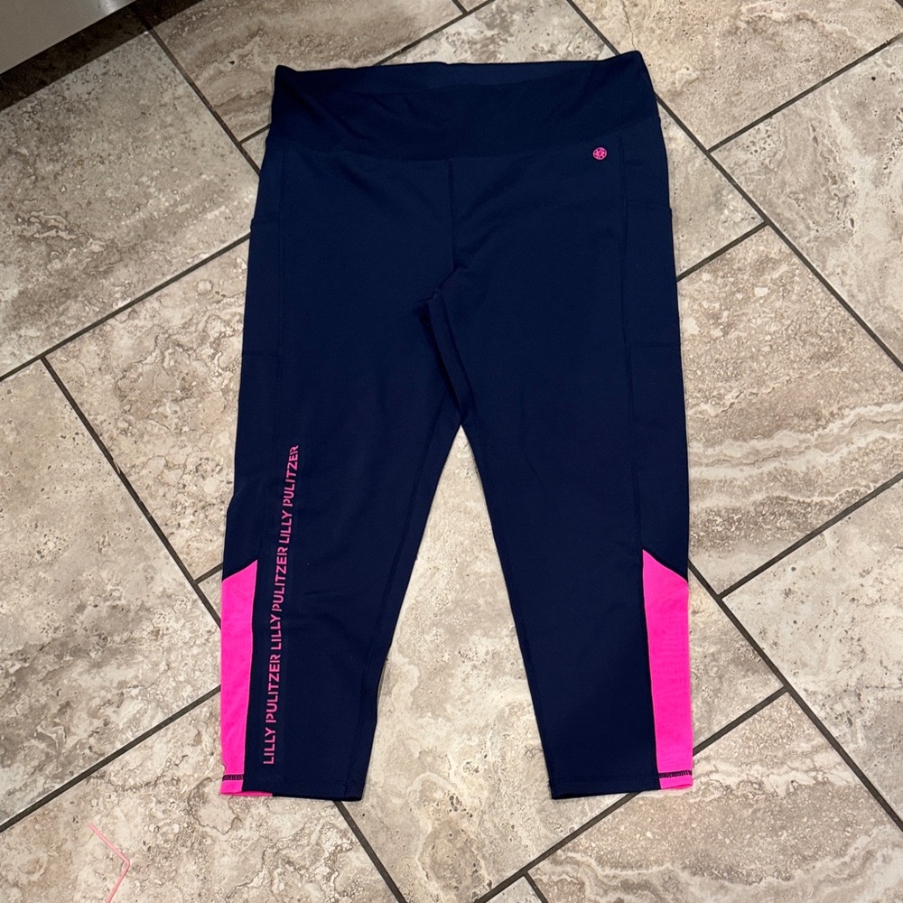 Lilly Pulitzer LUXLETIC Navy and Hot Pink Capri Leggings - Logo Detail